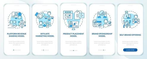 Creator business models blue onboarding mobile app screen. Marketing walkthrough 5 steps editable graphic instructions with linear concepts. UI, UX, GUI template. vector