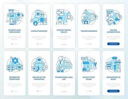 conjunto de pantalla de aplicación móvil de incorporación azul de problemas universitarios y universitarios. tutorial 5 pasos instrucciones gráficas editables con conceptos lineales. interfaz de usuario, ux, plantilla de interfaz gráfica de usuario. vector