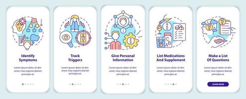 antes de la cita con el terapeuta incorporando la pantalla de la aplicación móvil. tutorial 5 pasos páginas de instrucciones gráficas con conceptos lineales. interfaz de usuario, ux, plantilla de interfaz gráfica de usuario. vector