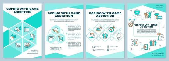 Coping with game addiction mint brochure template. Break with bad habit. Leaflet design with linear icons. 4 vector layouts for presentation, annual reports.