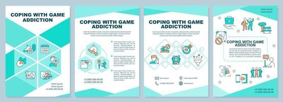 Coping with game addiction mint brochure template. Break with bad habit. Leaflet design with linear icons. 4 vector layouts for presentation, annual reports.