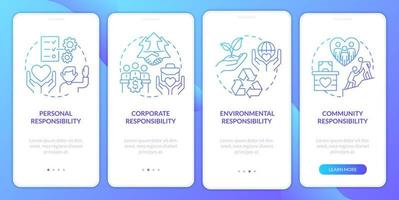 Social responsibility types blue gradient onboarding mobile app screen. Walkthrough 4 steps graphic instructions with linear concepts. UI, UX, GUI template. vector