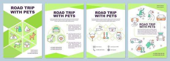 Road trip with pets brochure template. Car travel. Leaflet design with linear icons. Editable 4 vector layouts for presentation, annual reports.