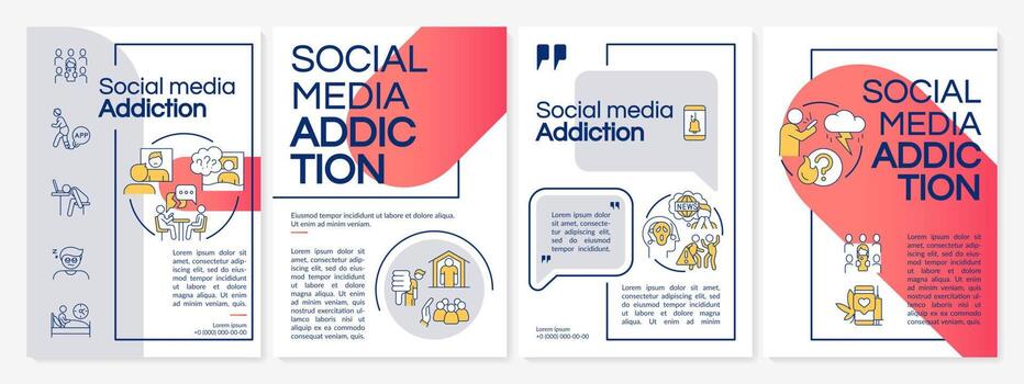 Social media addiction grey and red brochure template. Social networks. Leaflet design with linear icons. 4 vector layouts for presentation, annual reports.