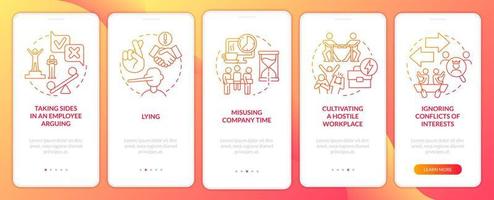 Unethical organizational behavior red gradient onboarding mobile app screen. Walkthrough 5 steps graphic instructions with linear concepts. UI, UX, GUI template. vector