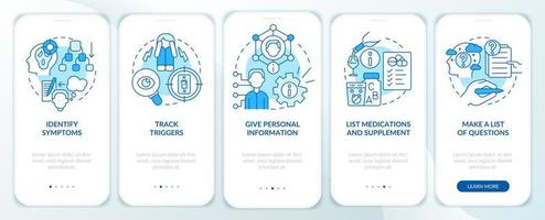 antes de la cita con la pantalla azul de la aplicación móvil de incorporación del terapeuta. tutorial 5 pasos páginas de instrucciones gráficas con conceptos lineales. interfaz de usuario, ux, plantilla de interfaz gráfica de usuario. vector