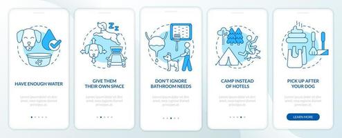 viaje por carretera con consejos sobre mascotas pantalla azul de la aplicación móvil de incorporación. tutorial 5 pasos instrucciones gráficas editables con conceptos lineales. interfaz de usuario, ux, plantilla de interfaz gráfica de usuario. vector