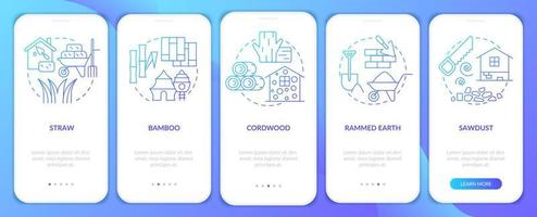 Sustainable building material blue gradient onboarding mobile app screen. Walkthrough 5 steps graphic instructions pages with linear concepts. UI, UX, GUI template. vector