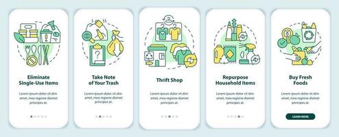 Transitioning into zero-waste lifestyle onboarding mobile app screen. Walkthrough 5 steps editable graphic instructions with linear concepts. UI, UX, GUI template. vector