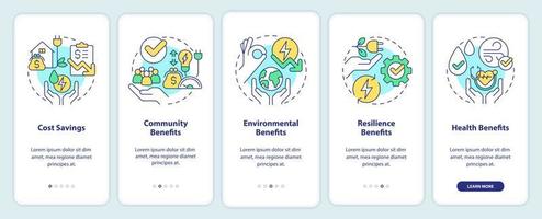 beneficios de eficiencia energética al incorporar la pantalla de la aplicación móvil. tutorial 5 pasos instrucciones gráficas editables con conceptos lineales. interfaz de usuario, ux, plantilla de interfaz gráfica de usuario. vector