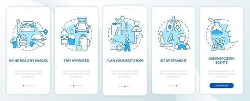 viaje por carretera hábitos saludables pantalla de aplicación móvil de incorporación azul. tutorial 5 pasos instrucciones gráficas editables con conceptos lineales. interfaz de usuario, ux, plantilla de interfaz gráfica de usuario. vector