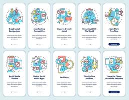 Game and social network addiction onboarding mobile app screen set. Walkthrough 5 steps graphic instructions pages with linear concepts. UI, UX, GUI template. vector