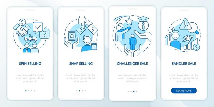 Sales techniques blue onboarding mobile app screen. Goods promotion walkthrough 4 steps editable graphic instructions with linear concepts. UI, UX, GUI template. vector