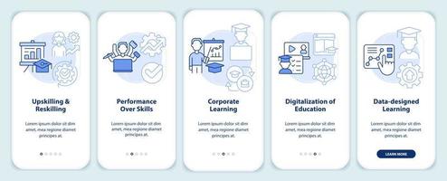 Emerging skills in development light blue onboarding mobile app screen. Walkthrough 5 steps graphic instructions pages with linear concepts. UI, UX, GUI template. vector