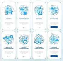Types of communication styles blue onboarding mobile app screen set. Walkthrough 4 steps graphic instructions pages with linear concepts. UI, UX, GUI template. vector