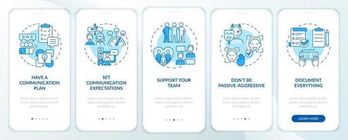 Effective communication management blue onboarding mobile app screen. Walkthrough 5 steps graphic instructions pages with linear concepts. UI, UX, GUI template. vector