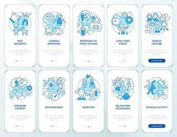 Phobia treatment blue onboarding mobile app screen set. Anxiety disorder walkthrough 5 steps graphic instructions pages with linear concepts. UI, UX, GUI template. vector