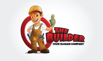 The Builder Mascot Logo Cartoon . Thumbs up builder man character. logo template for any business identity architecture, property, real estate, housing solutions, home staging, building engineers, etc vector