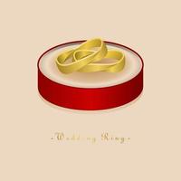 diseño vectorial de un par de anillos de boda de lujo en espiral de oro brillante con soporte de anillo rojo vector