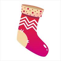 Cartoon christmas sock foe santa isolated vector illustration. Vector holiday illustration. Xmas red stockng with patch. Christmas design.