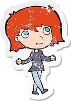 retro distressed sticker of a cartoon girl with no worries vector