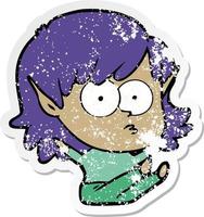 distressed sticker of a cartoon elf girl staring vector