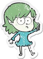 distressed sticker of a cartoon shocked elf girl vector