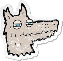 retro distressed sticker of a cartoon smug wolf face vector