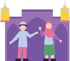 Children are standing outside the mosque. vector