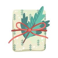 Christmas gift, decorated with plants, ribbons and recycled wrapping paper vector