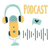 Podcast concept. Doodle style. Vector illustration. Broadcasting.Microphone and headphones.