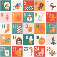 calendario de adviento de navidad con varios símbolos de vacaciones. ilustración plana en estilo dibujado a mano vector