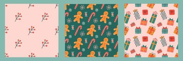 Set of seamless patterns for Christmas and New Year. Vector cute holiday backgrounds