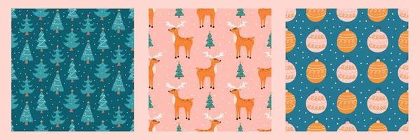 Set of seamless patterns for Christmas and New Year. Vector cute holiday backgrounds