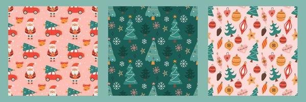 Set of seamless patterns for Christmas and New Year. Vector cute holiday backgrounds