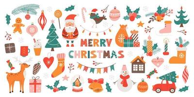 Big Christmas set of festive symbols and design elements. Cute flat illustration in hand drawn style on white background vector