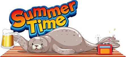 Seal cartoon character with summer time word vector