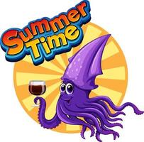 Summer time word with squid cartoon vector