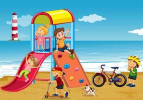 parque infantil en la playa con niños felices vector