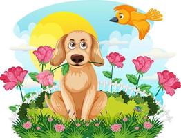 perro golden retriever en campo de flores vector