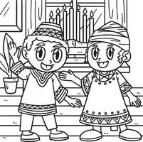 Kwanzaa Children And Kinara Coloring Page for Kids vector
