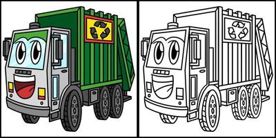 camión de basura con cara de vehículo para colorear página vector