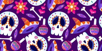 Muertos pattern with skull. Mexico day dead holiday. Floral skull face. Floral seamless background. Halloween seamless pattern. Purple background vector