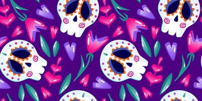 Muertos pattern with skull. Mexico day dead holiday. Floral skull face. Floral seamless background. Halloween seamless pattern. Purple background vector