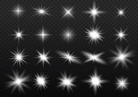 conjunto de efectos de luz blanca aislada blanca, destello de lente, explosión, brillo, línea, destello solar, chispa y estrellas. diseño abstracto de elementos de efectos especiales. vector