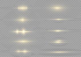 Yellow horizontal lens flares pack. Laser beams, horizontal light rays. Beautiful light flares. Flash light with fairy dust sparks and golden stars shine. Dusty shine light. vector