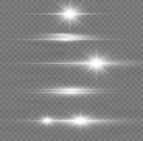 paquete de destellos de lentes horizontales blancos. rayos láser, rayos de luz horizontales. hermosos destellos de luz. luz de flash con chispas de polvo de hadas y estrellas blancas brillan. luz de brillo polvoriento. vector