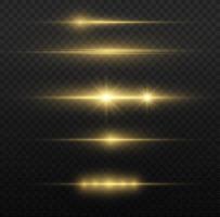 Yellow horizontal lens flares pack. Laser beams, horizontal light rays. Beautiful light flares. Flash light with fairy dust sparks and golden stars shine. Dusty shine light. vector