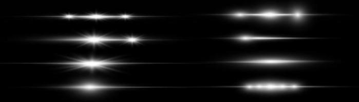 paquete de destellos de lentes horizontales blancos. rayos láser, rayos de luz horizontales. hermosos destellos de luz. luz de flash con chispas de polvo de hadas y estrellas blancas brillan. luz de brillo polvoriento. vector