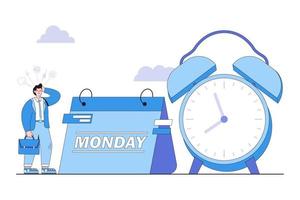 Hate monday morning, fear of routine office job, tired unhappy worker trying to start the work week, burnout syndrome concepts. Lazy businessman seeing alarm clock and calendar showing monday vector